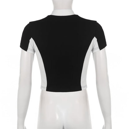 Retro Zipper Patchwork Crop Top