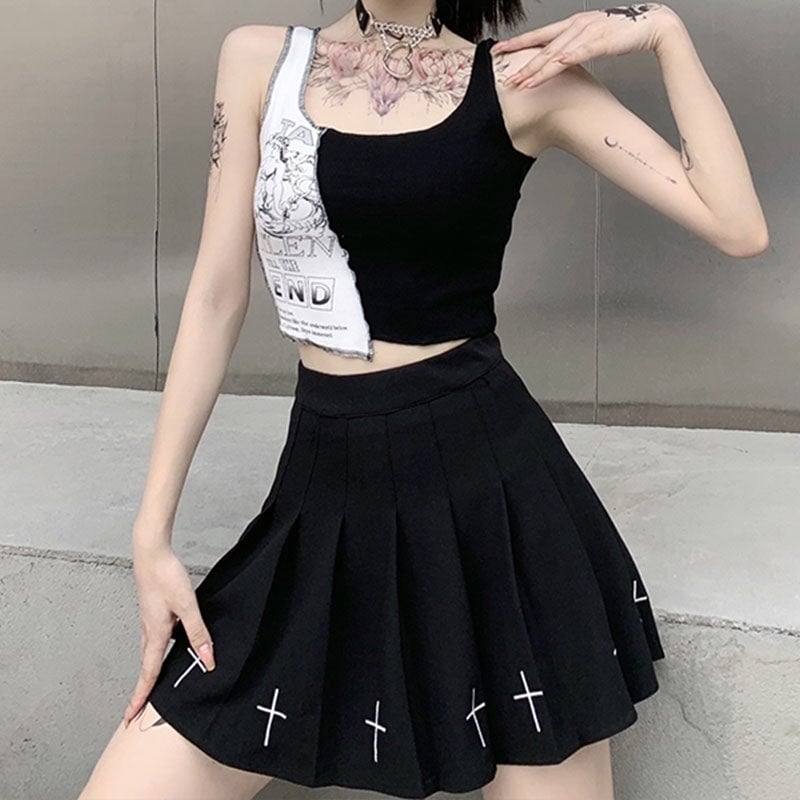 Cute Sexy Black White Patchwork Print Tank Crop Top Sleeveless Shirt Punk Bodycon Aesthetic Goth E-Girl Kawaii Korean Japanese Harajuku Streetwear