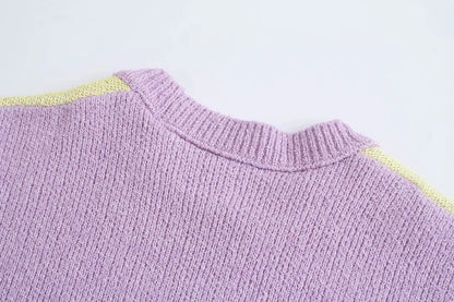 Purple & Yellow Flower Print Patchwork Sweater