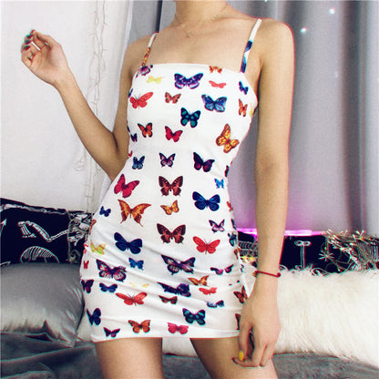 Cute Colorful Rainbow Butterfly Spaghetti Strap Bodycon Mini Dress Party E-Girl Kawaii Korean Japanese Harajuku Chinese Retro Streetwear Aesthetic