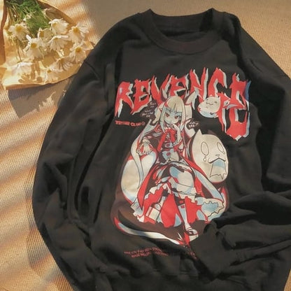 Cute Black Anime Girl Cartoon Print Long Sleeve Shirt Sweatshirt Pullover Goth Punk Aesthetic Casual Summer E-Girl Kawaii Korean Japanese Harajuku