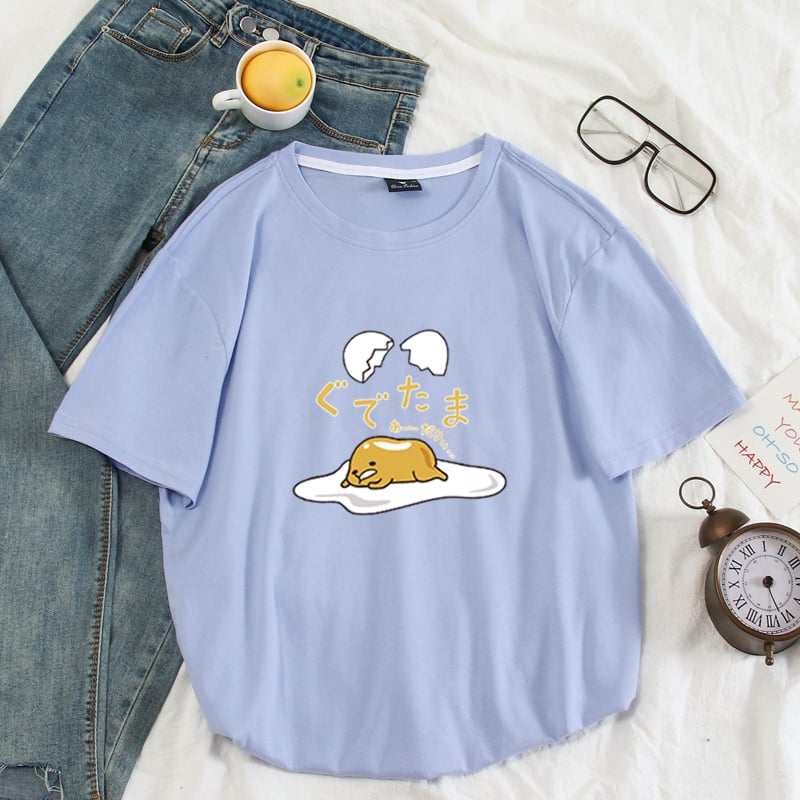 Funny Lazy Egg Cartoon Anime Print Casual Summer Loose Short Sleeve Tee Shirt T-shirt Top E-Girl Kawaii Korean Japanese Harajuku Streetwear