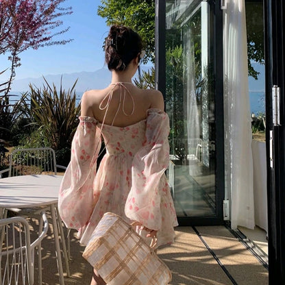 Rose Watercolor Off Shoulder Puff Sleeve Dress