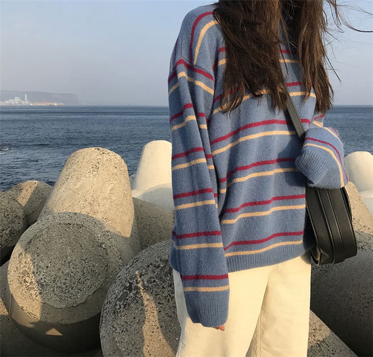Soft Stripe Autumn O Neck Chic Loose Oversized Casual Knit Sweater Sweatshirt Pullover Jumper Shirt E-Girl Kawaii Korean Japanese Harajuku Streetwear
