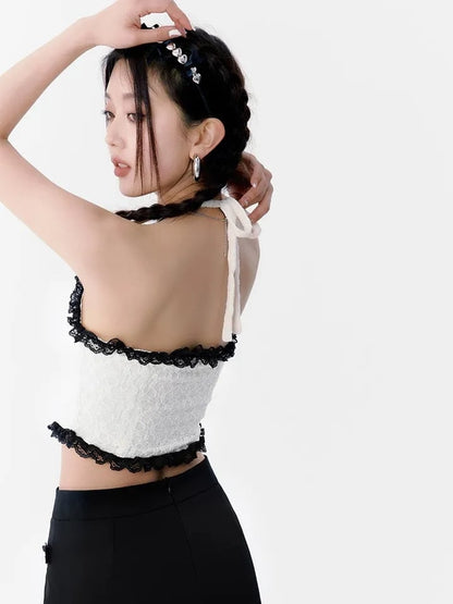 White Heart Lace Backless Halter Top