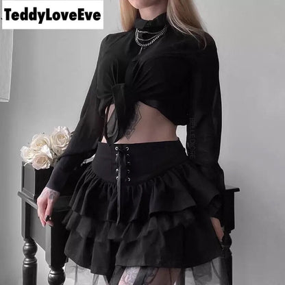 Cute Black Goth Lace Up High Waisted Ruffle Skirt Punk Bandage A-line Lace Trim Tutu Casual E-Girl Kawaii Korean Japanese Harajuku Streetwear