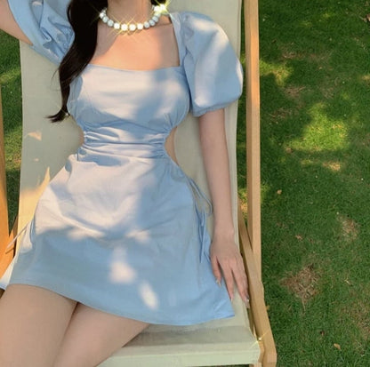Cute Blue French Square Neck Puff Sleeve Backless Bandage Mini Dress Summer Aesthetic Casual E-Girl Kawaii Korean Japanese Harajuku