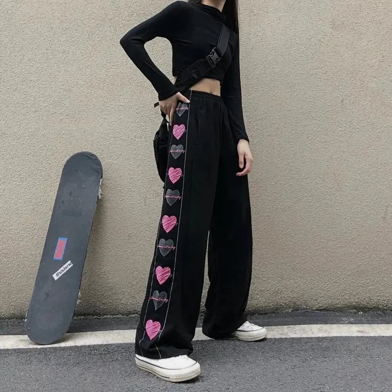Black Heart Print Wide Leg Trousers