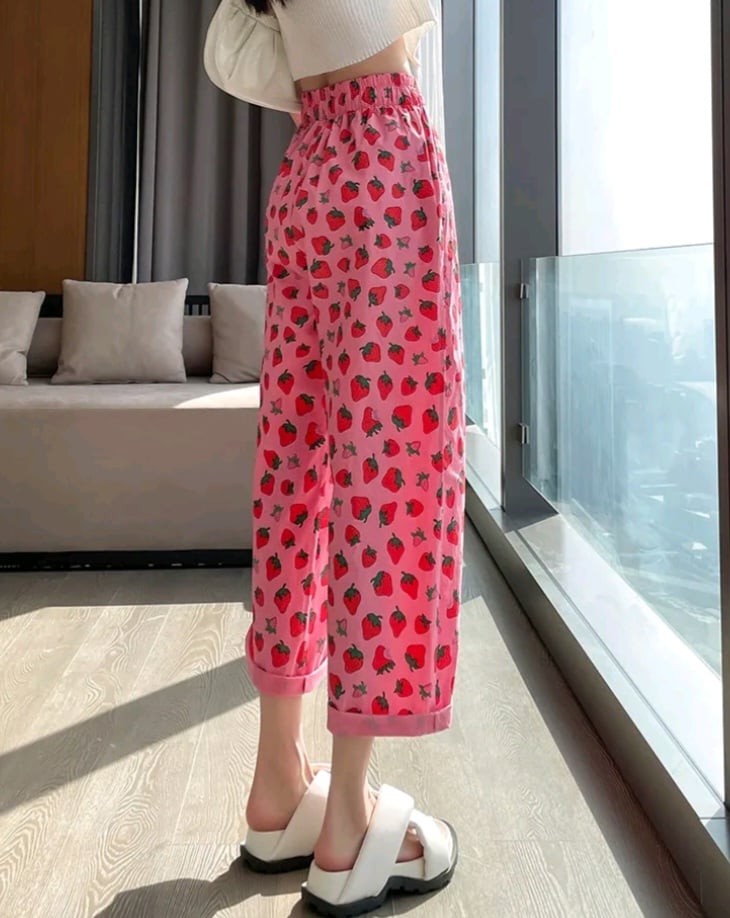 Pink Strawberry Print High Waist Trousers