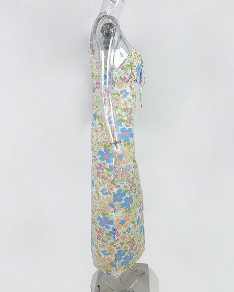 Floral Square Collar Long Bodycon Dress