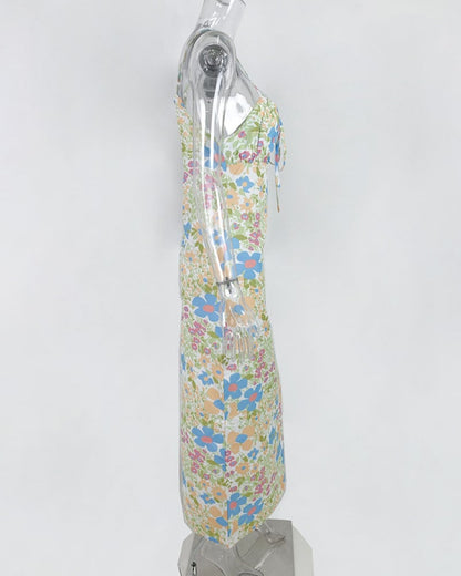 Floral Square Collar Long Bodycon Dress