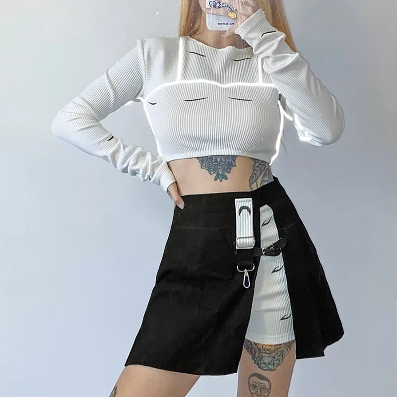 Cute Kpop Patchwork Buckle Cross Split High Waist Mini Skirt Goth Punk Streetwear Summer Aesthetic Casual E-Girl Kawaii Korean Japanese Harajuku