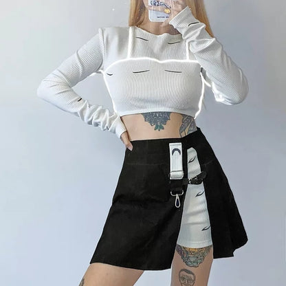 Cute Kpop Patchwork Buckle Cross Split High Waist Mini Skirt Goth Punk Streetwear Summer Aesthetic Casual E-Girl Kawaii Korean Japanese Harajuku