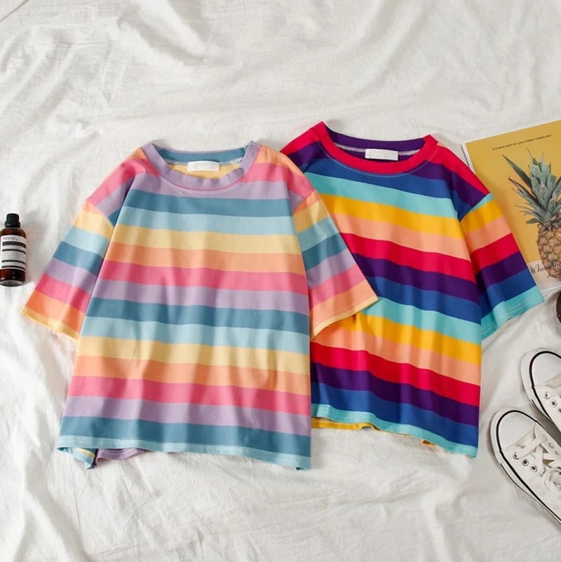 Cute Causal Pastel Rainbow Colorful Stripe Loose Round Neck Short Sleeve Tee Shirt T-shirt Top E-Girl Kawaii Korean Japanese Harajuku Retro Streetwear