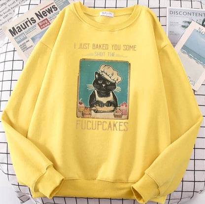 Cute Funny Cat Baking Cupcakes Cartoon Print Sweatshirt Pullover Hoodie Aesthetic Casual E-Girl Kawaii Korean Japanese Harajuku