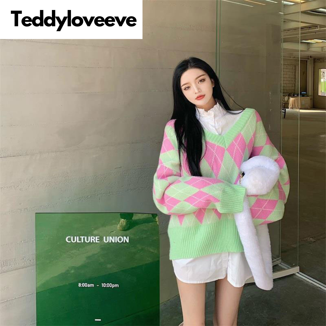 Green & Pink Lattice V Neck Sweater