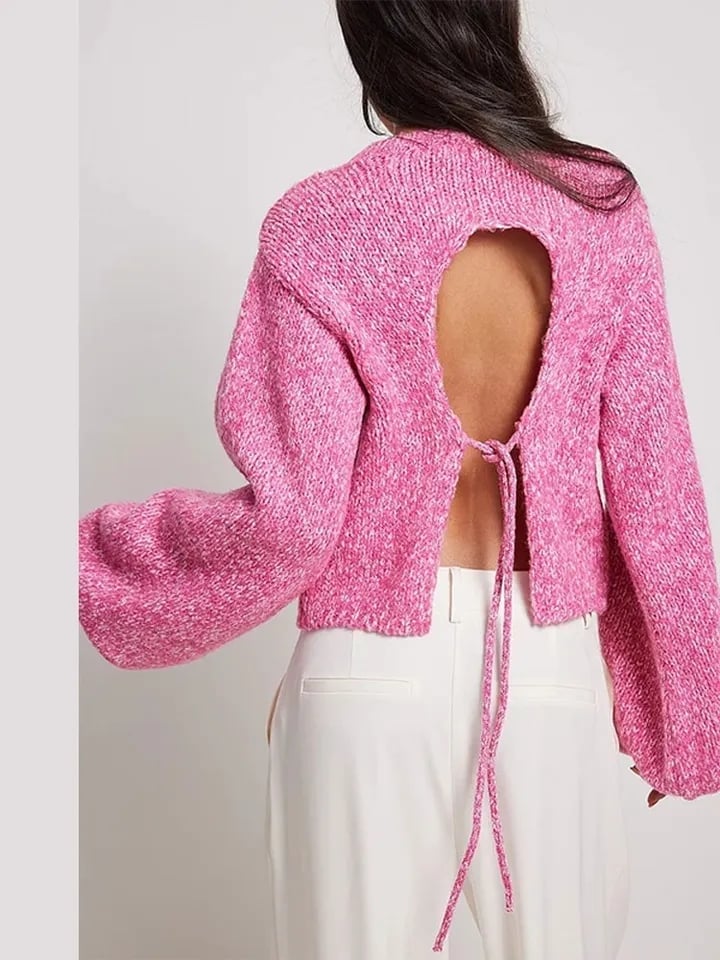 Pink Knit Backless Lace Up Sweater