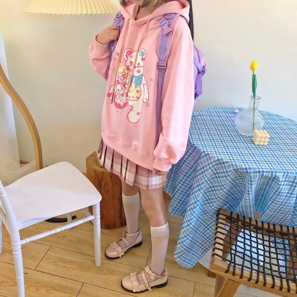 Cute Pastel Anime Girl Teddy Bear Cartoon Graphic Print Oversized Fleece Hoodie Sweatshirt Aesthetic Casual E-Girl Kawaii Korean Japanese Harajuku