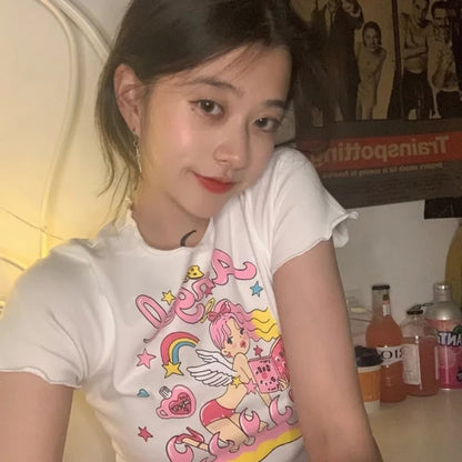 Angel Print Ruffle Short Sleeve T-shirt
