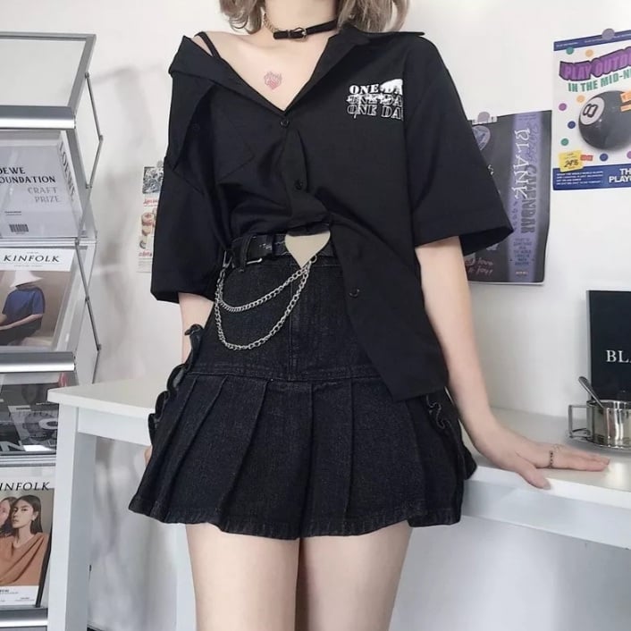 Cute Black Heart Bow Pocket Denim Mini Skirt High Waisted Pleated Aesthetic Goth Casual Summer E-Girl Kawaii Korean Japanese Harajuku