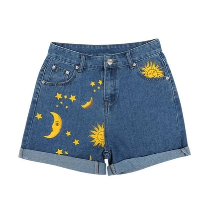 Moon Star Print Denim Shorts