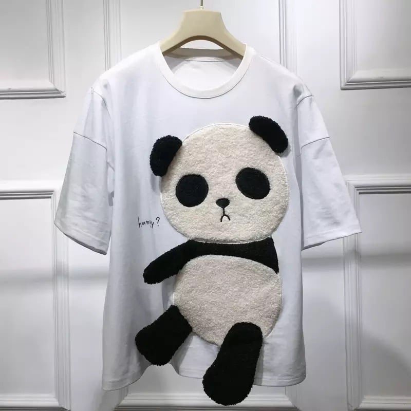Cute Panda Bear Fleece Hungry Casual Summer Oversized Short Sleeve Tee Shirt T-shirt Top E-Girl Kawaii Korean Japanese Harajuku Streetwear