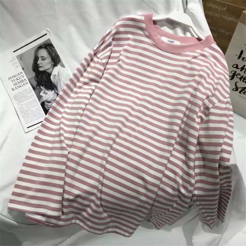 Cute Casual Stripe Round Neck Long Sleeve Tee Shirt T-shirt Top Plus Oversized Baggy E-Girl Kawaii Korean Japanese Harajuku Retro Streetwear