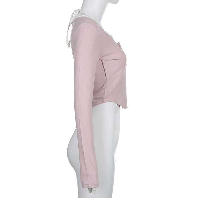 Pink Lace Patchwork Button Crop Top