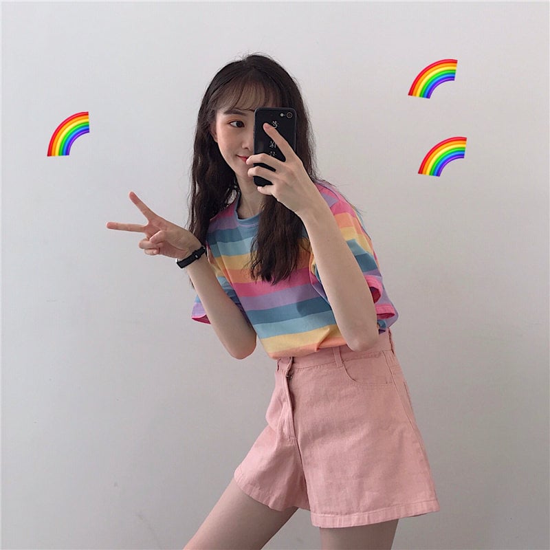 Cute Rainbow Colorful Stripe LGBT Pride Loose Oversized Short Sleeve Shirt Tee T-shirt E-Girl Kawaii Korean Japanese Harajuku Chinese Retro Streetwear