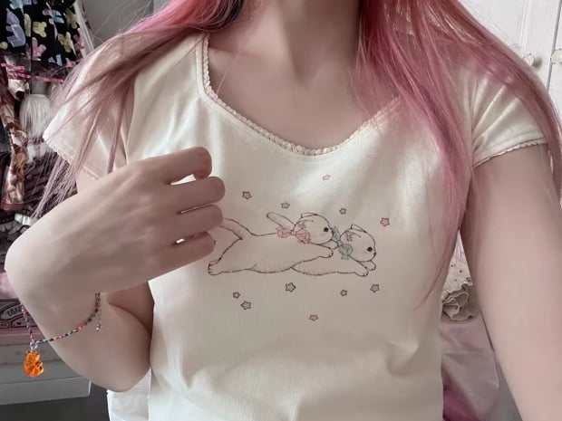 Rabbit Kitten Lace Trim Short Sleeve T-shirt