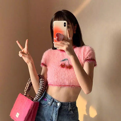Pink Cherry Fluffy Soft Short Sleeve Shirt Crop Top Summer Aesthetic Casual E-Girl Kawaii Korean Japanese Harajuku