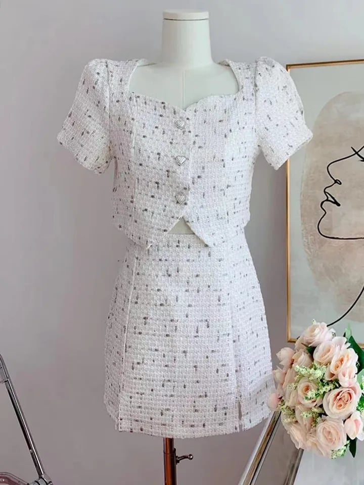 2PCS White Tweed Puff Sleeve Blouse + Skirt