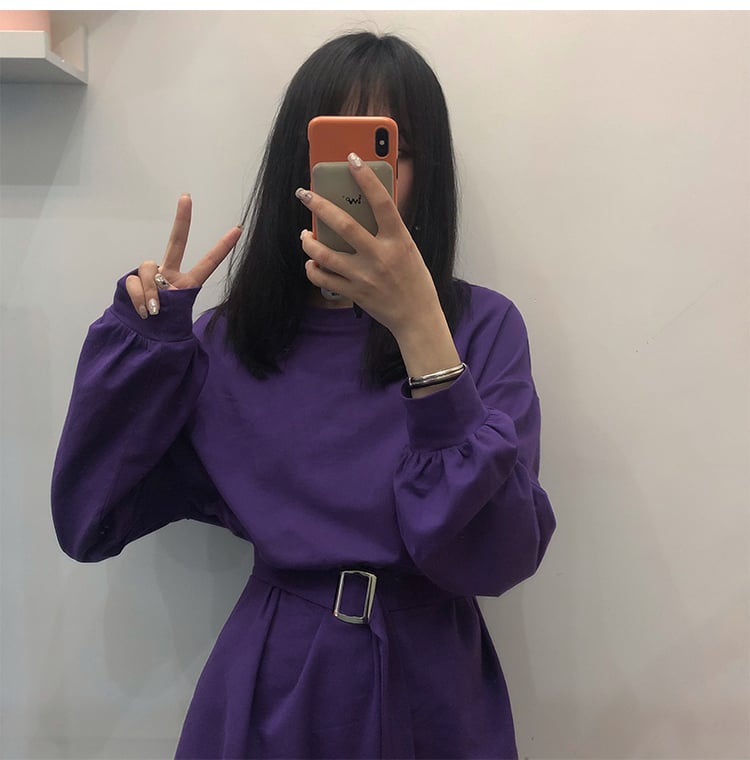 Cute Solid Color Long Sleeve T-shirt Shirt Dress With Belt Loose Oversized Woman Spring Autumn E-Girl Kawaii Korean Japanese Harajuku Retro Streetwear