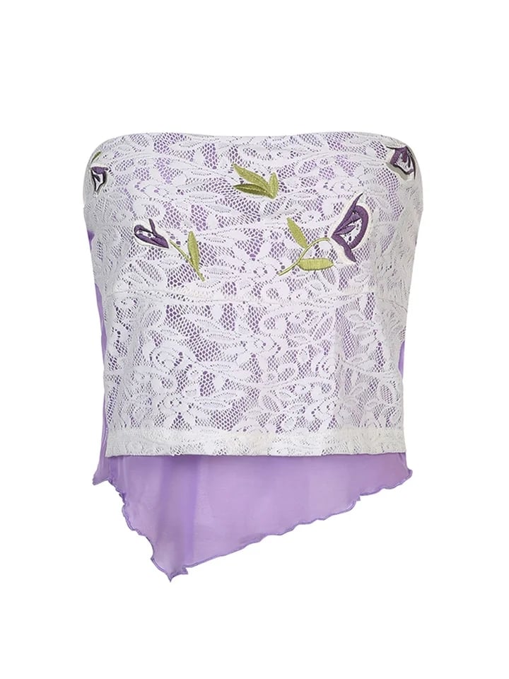 Purple Flower Embroidery Tube Top