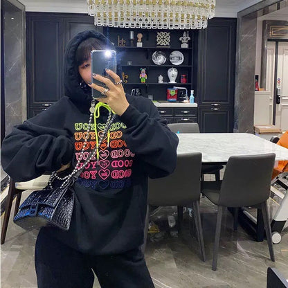 Cute Pink Love Heart Good For U Oversized Hoodie Sweatshirt Long Sleeve Pullover Jumper Sweater E-Girl Kawaii Korean Japanese Harajuku Streetwear