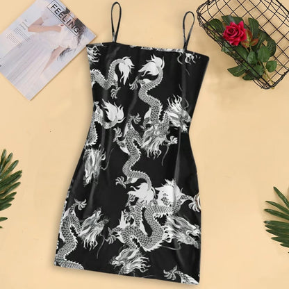 Cute Sexy Dragon Print Sleeveless Split Club Bodycon Mini Dress Party E-Girl Kawaii Korean Japanese Harajuku Chinese Retro Streetwear Aesthetic