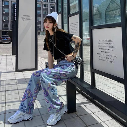 Cute Bunny Rabbit Cartoon Print High Waisted Denim Long Wide Leg Jeans Pants Trouser Aesthetic Casual Summer E-Girl Kawaii Korean Japanese Harajuku