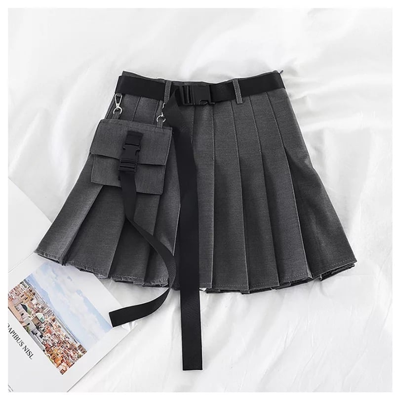 Cute Black Safari Kpop High Waisted Pleated Mini Skirt Goth Punk E-Girl Kawaii Korean Japanese Harajuku Chinese Retro Streetwear Aesthetic