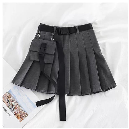 Cute Black Safari Kpop High Waisted Pleated Mini Skirt Goth Punk E-Girl Kawaii Korean Japanese Harajuku Chinese Retro Streetwear Aesthetic