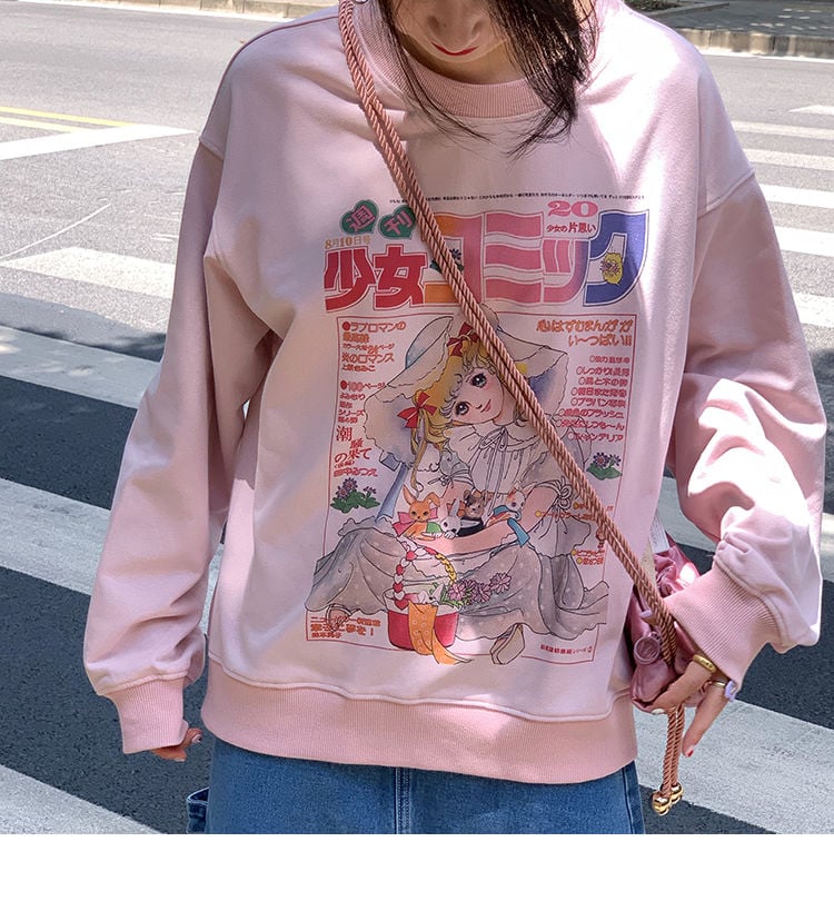 White Vintage Anime Girl Cartoon Print Graphic Long Sleeve Sweatshirt Sweater Pullover Jumper Causal E-Girl Kawaii Korean Japanese Harajuku Streetwear