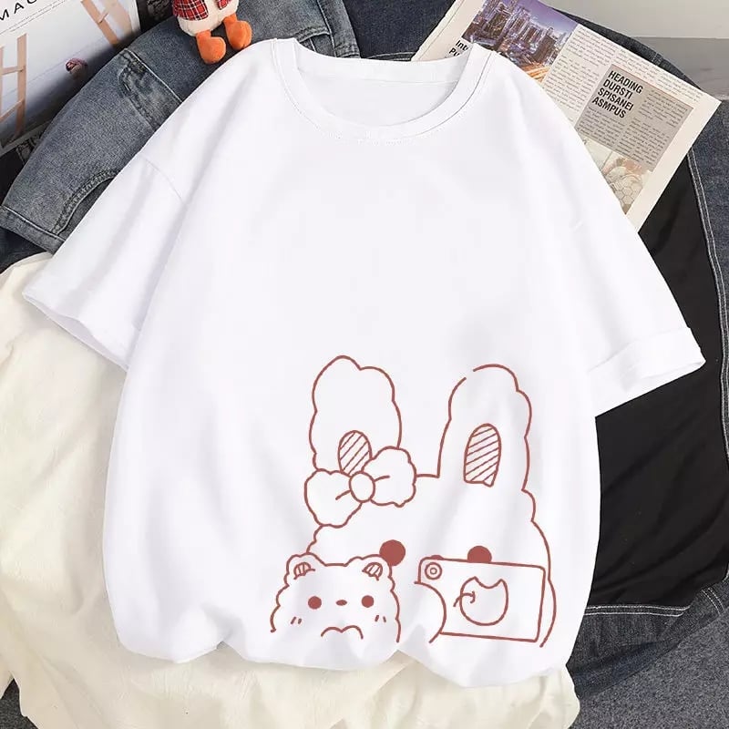 Cute Rabbit Bunny Camera Graphic Cartoon Print Loose Short Sleeve T-shirt Aesthetic Casual Summer E-Girl Kawaii Korean Japanese Harajuku