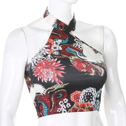 Cute Sexy Dragon Flower Print Halter Sleeveless Backless Crop Tank Top Summer Aesthetic Casual E-Girl Kawaii Korean Japanese Harajuku