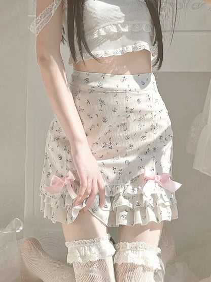 Pink Floral Bow Print Ruffle Mini Skirt