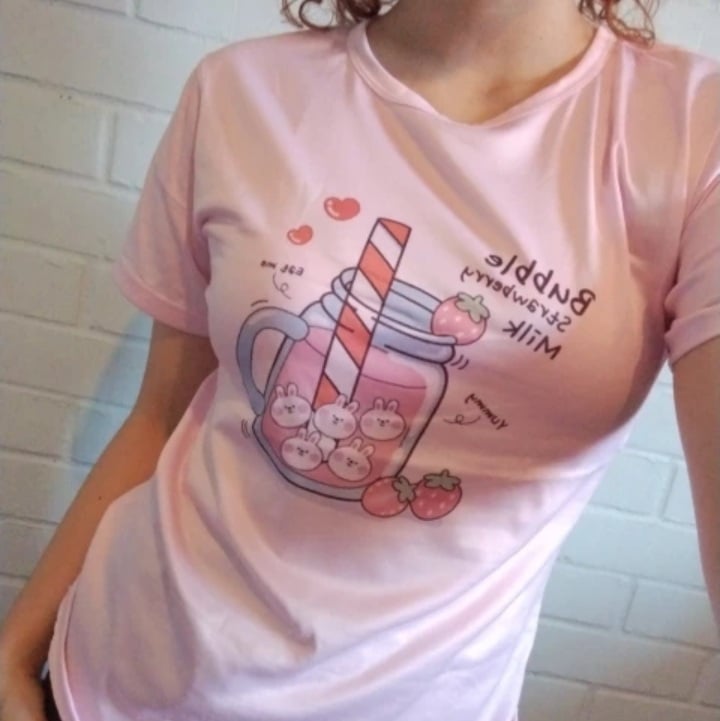 Cute Pastel Pink Strawberry Peach Juice Cartoon Print Loose Short Sleeve Shirt Aesthetic Casual E-Girl Kawaii Korean Japanese Harajuku