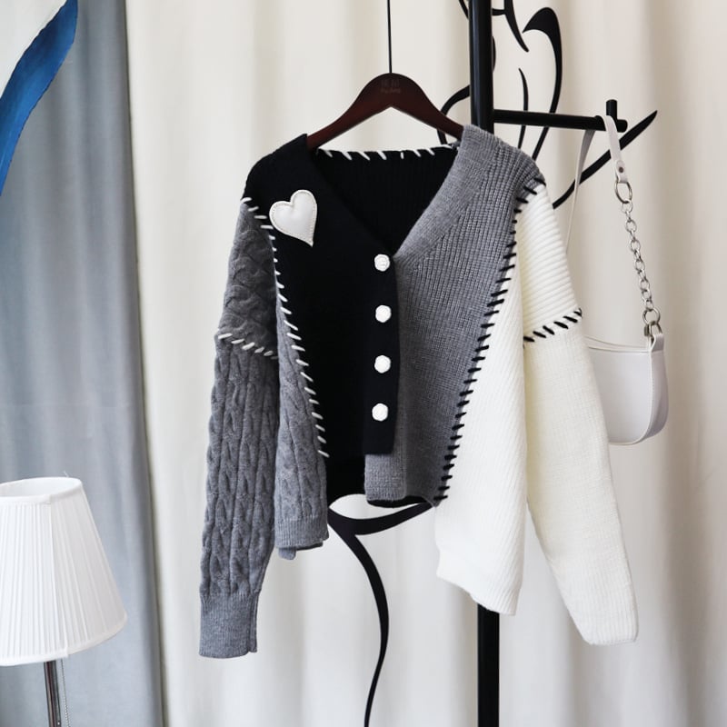 Grey Heart V Neck Patchwork Cardigan