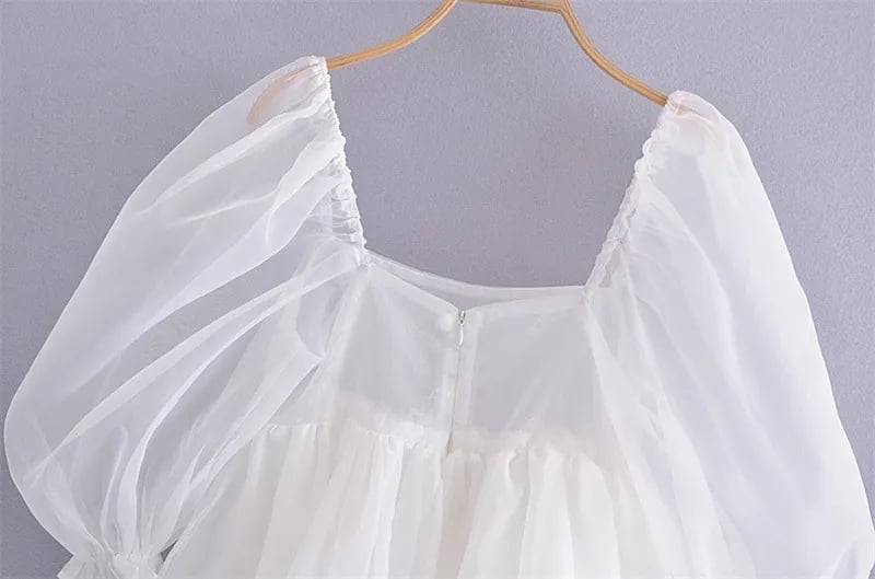 White Puff Sleeve A-Line High Waist Mini Dress
