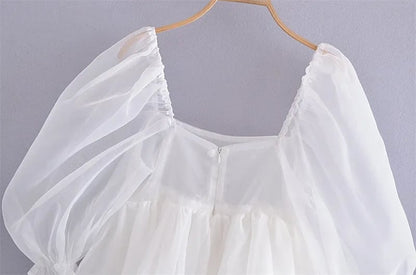 White Puff Sleeve A-Line High Waist Mini Dress