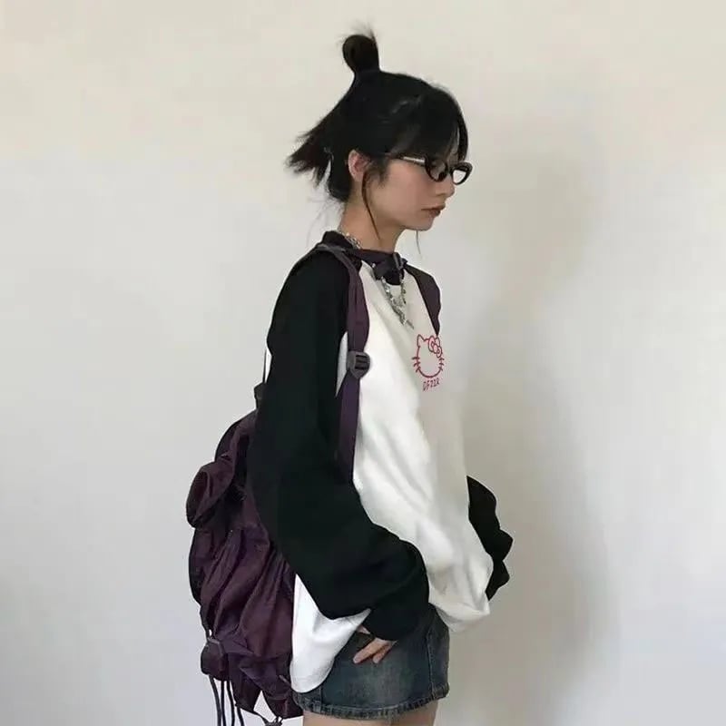 Kitty Cat Anime Cartoon Patchwork Long Sleeve T-shirt