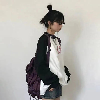 Kitty Cat Anime Cartoon Patchwork Long Sleeve T-shirt
