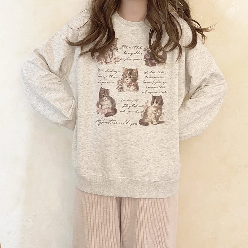 Cat Letter Print Loose Sweatshirt